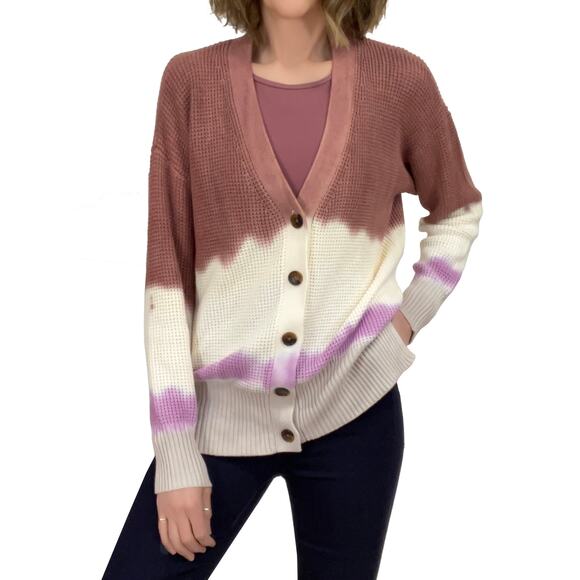 Design 365 Nordstrom Waffle-Knit Cardigan Sz S New Button Front Tie-Dye Brown - Picture 1 of 10